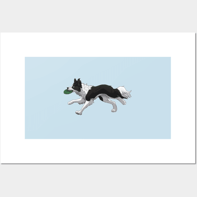 Running Black Border Collie with Frisbee Wall Art by Bamsdrawz